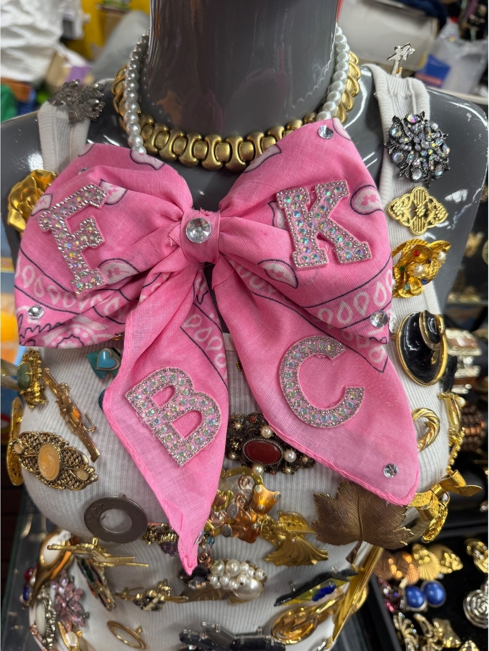 Breast Cancer Awareness Pink Bow Tie Necklace FKBC Rhinestone Statement Piece